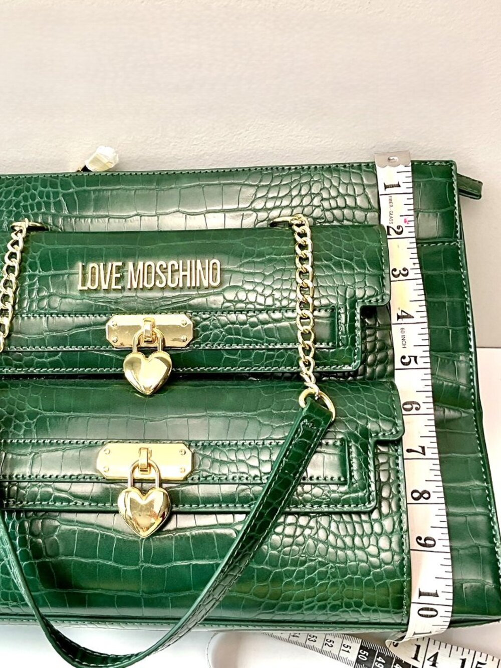Love Moschino  Green Croc Embossed Leather Tote Bag Gold Chain Heart Lock - Picture 11 of 11